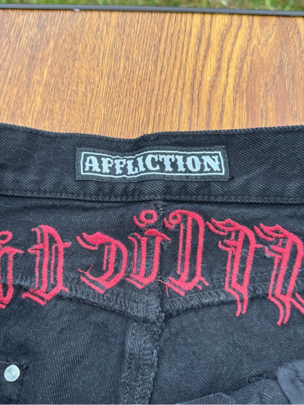 Affliction Black Jeans Red Skull Embroidery Y2K Biker 38X32 Men - Picture 16 of 16